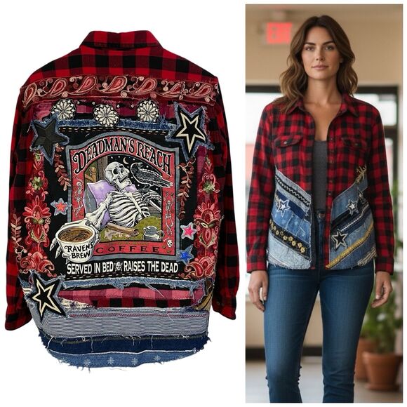Upcycled Flannel Shirt Shacket Womens XL Jacket Coffee Grunge Patchwork Folk Art - Picture 1 of 16